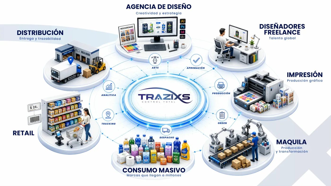 Ecosistema Trazixs: agencias, freelance, impresión, maquila, consumo masivo, retail y distribución conectados a la plataforma